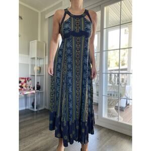 FREE PEOPLE Cotton Maxi Dress Lace Up Dark Blue Grey 4